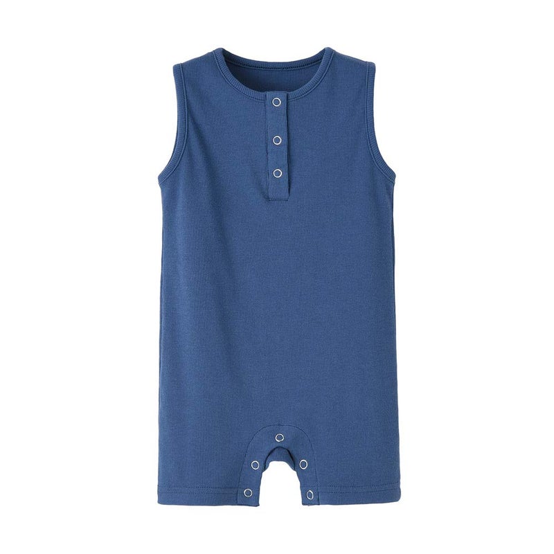 Teach Leanbh Baby Romper Cotton Sleeveless Button Down One Piece Linen Jumpsuit Coverall 3-24 Months (Ocean Blue, 3-6 Months) - Image 1